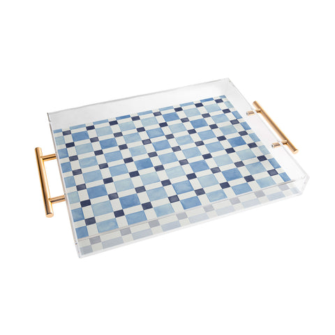 Ninola Design Checkerboard Mosaic Squares Blue Acrylic Tray