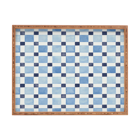 Ninola Design Checkerboard Mosaic Squares Blue Rectangular Tray