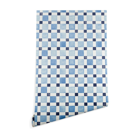 Ninola Design Checkerboard Mosaic Squares Blue Wallpaper