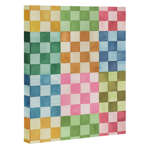 Ninola Design Checkerboard Watercolor Colorful Squares Mosaic Art Canvas