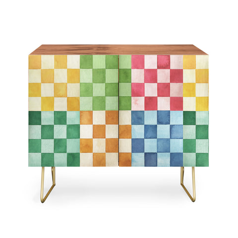 Ninola Design Checkerboard Watercolor Colorful Squares Mosaic Credenza