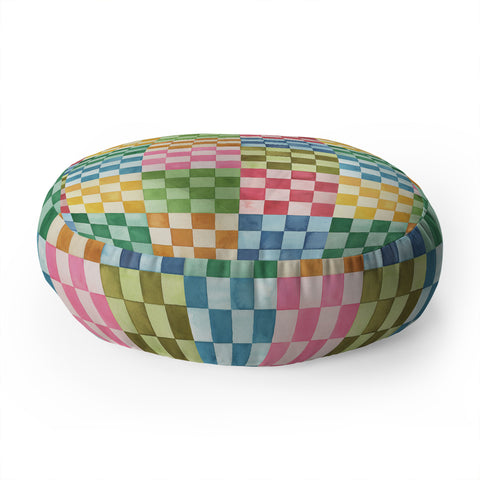 Ninola Design Checkerboard Watercolor Colorful Squares Mosaic Floor Pillow Round