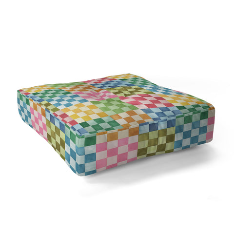 Ninola Design Checkerboard Watercolor Colorful Squares Mosaic Floor Pillow Square