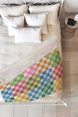 Ninola Design Checkerboard Watercolor Colorful Squares Mosaic Fleece Throw Blanket
