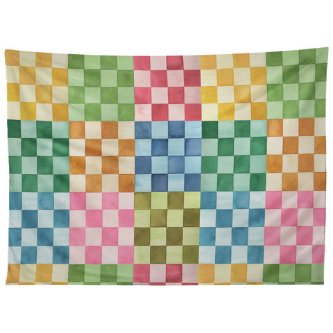 Ninola Design Checkerboard Watercolor Colorful Squares Mosaic Tapestry