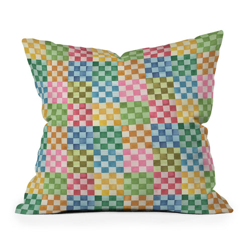 Ninola Design Checkerboard Watercolor Colorful Squares Mosaic Throw Pillow