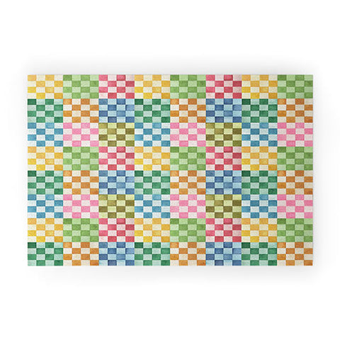 Ninola Design Checkerboard Watercolor Colorful Squares Mosaic Welcome Mat