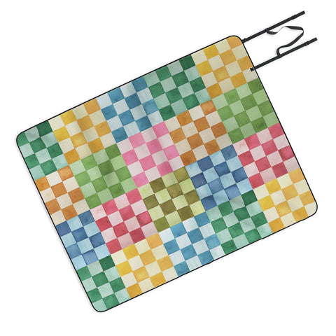 Ninola Design Checkerboard Watercolor Colorful Squares Mosaic Picnic Blanket