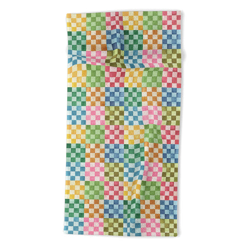 Ninola Design Checkerboard Watercolor Colorful Squares Mosaic Beach Towel