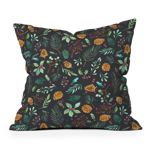 Ninola Design Christmas botanical charcoal Outdoor Throw Pillow