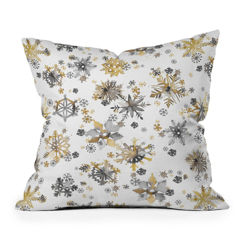 Ninola Design Christmas Stars Snowflakes Golden Outdoor Throw Pillow