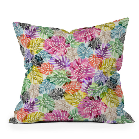 Ninola Design Colorful Tropical Monstera Leaves Outdoor Throw Pillow