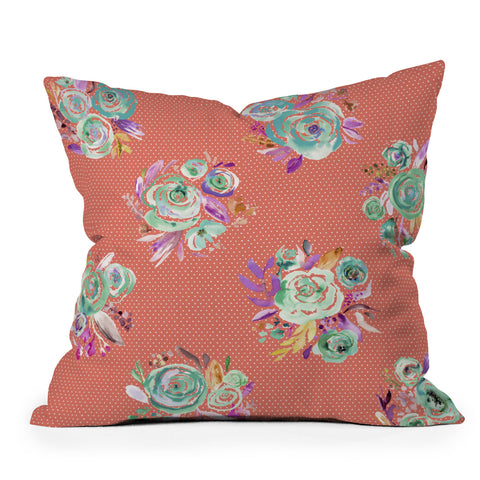 Ninola Design Coral and green sweet roses bouquets Outdoor Throw Pillow