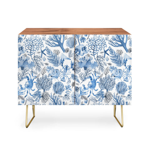 Ninola Design Coral Reef Crab Lobster Marine Coastal Blue Credenza