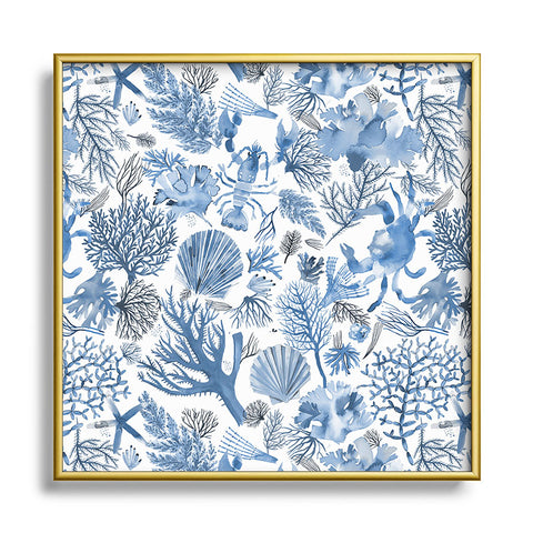 Ninola Design Coral Reef Crab Lobster Marine Coastal Blue Square Metal Framed Art Print