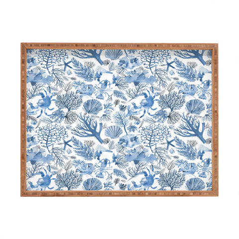 Ninola Design Coral Reef Crab Lobster Marine Coastal Blue Rectangular Tray