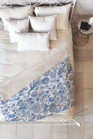 Ninola Design Coral Reef Crab Lobster Marine Coastal Blue Fleece Throw Blanket