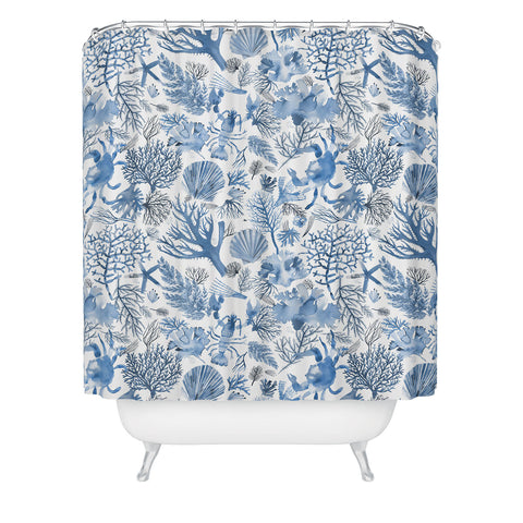 Ninola Design Coral Reef Crab Lobster Marine Coastal Blue Shower Curtain