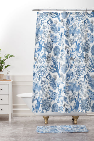 Ninola Design Coral Reef Crab Lobster Marine Coastal Blue Shower Curtain And Mat