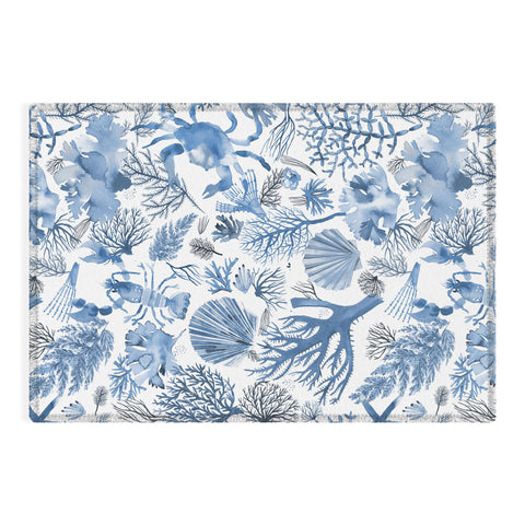 Ninola Design Coral Reef Crab Lobster Marine Coastal Blue Outdoor Rug