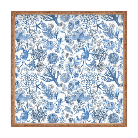Ninola Design Coral Reef Crab Lobster Marine Coastal Blue Square Tray