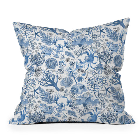 Ninola Design Coral Reef Crab Lobster Marine Coastal Blue Throw Pillow