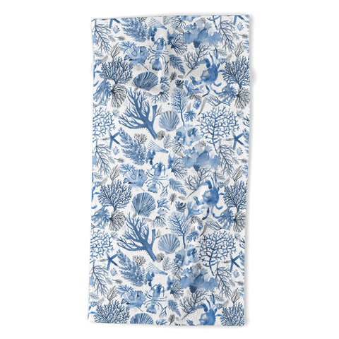 Ninola Design Coral Reef Crab Lobster Marine Coastal Blue Beach Towel