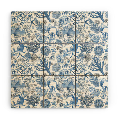 Ninola Design Coral Reef Crab Lobster Marine Coastal Blue Wood Wall Mural