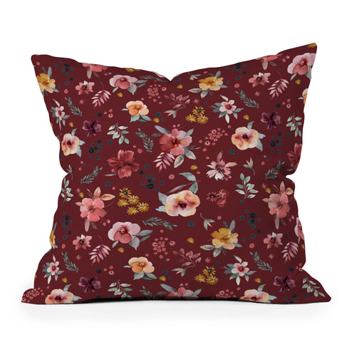 Ninola Design Countryside Floral Dark Red Outdoor Throw Pillow