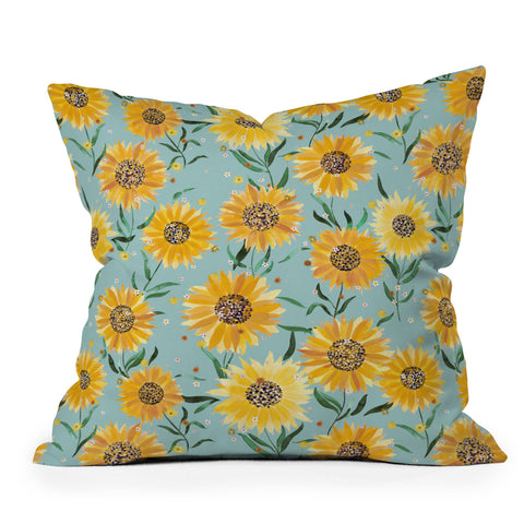 Ninola Design Countryside sunflowers summer Blue Outdoor Throw Pillow