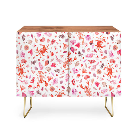 Ninola Design Crabs Lobsters Coastal Coral Reef Red Credenza
