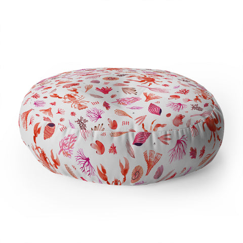 Ninola Design Crabs Lobsters Coastal Coral Reef Red Floor Pillow Round