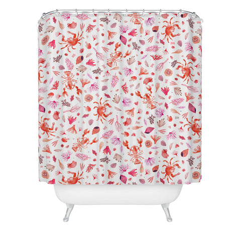 Ninola Design Crabs Lobsters Coastal Coral Reef Red Shower Curtain
