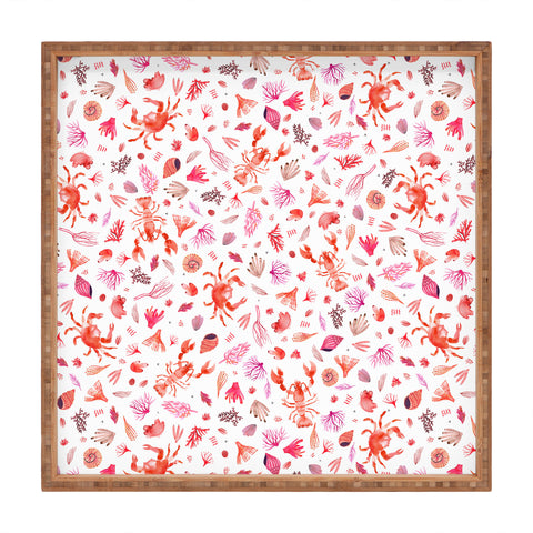 Ninola Design Crabs Lobsters Coastal Coral Reef Red Square Tray