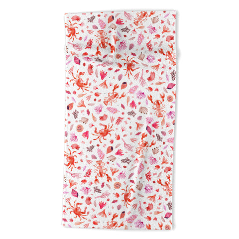 Ninola Design Crabs Lobsters Coastal Coral Reef Red Beach Towel