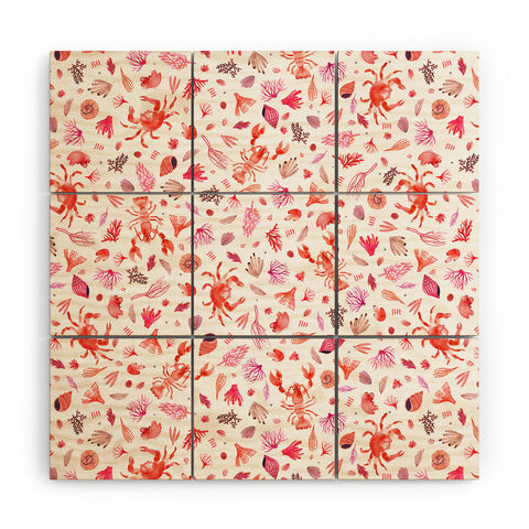 Ninola Design Crabs Lobsters Coastal Coral Reef Red Wood Wall Mural