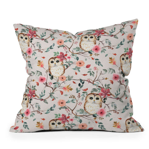Ninola Design Cute Owls Tree Green Pink Outdoor Throw Pillow