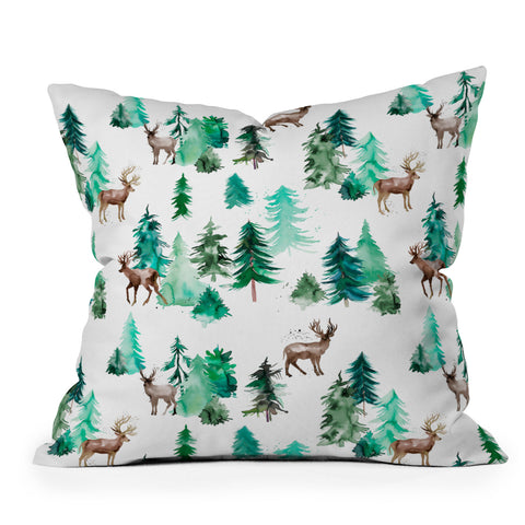 Ninola Design Deer Forest Watercolor Outdoor Throw Pillow