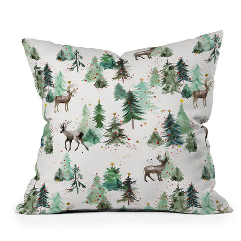 Ninola Design Deers and Christmas trees Outdoor Throw Pillow