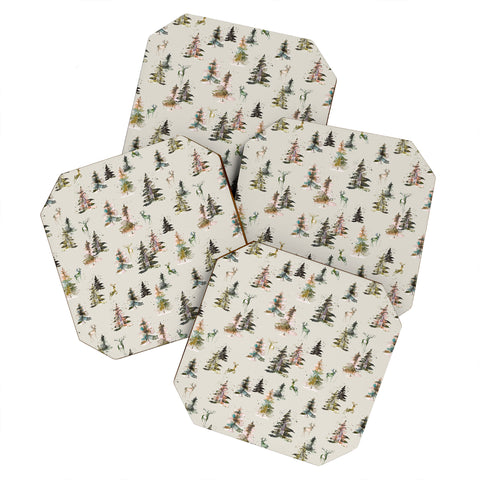 Ninola Design Deers and trees forest Beige Coaster Set
