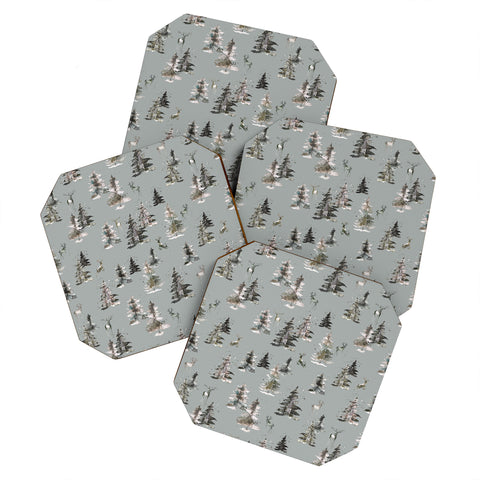 Ninola Design Deers and trees forest Gray Coaster Set