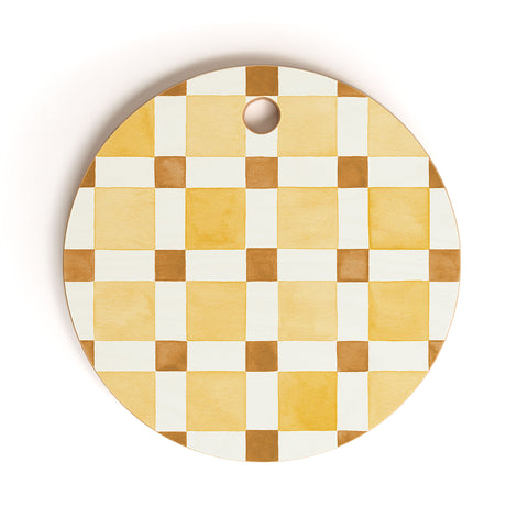 Ninola Design Everyday Artifact Checker Mosaic Tiles Geometry Yellow Cutting Board Round