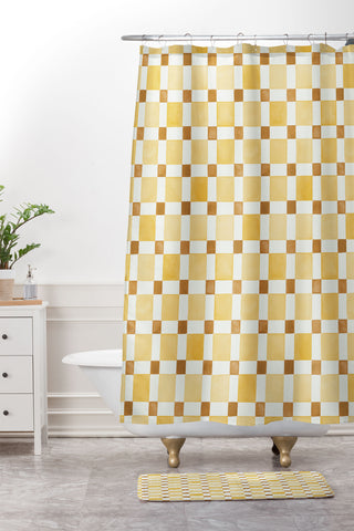 Ninola Design Everyday Artifact Checker Mosaic Tiles Geometry Yellow Shower Curtain And Mat