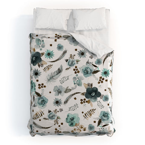 Ninola Design Feathers and flowers Romance Aqua Gold Duvet Cover