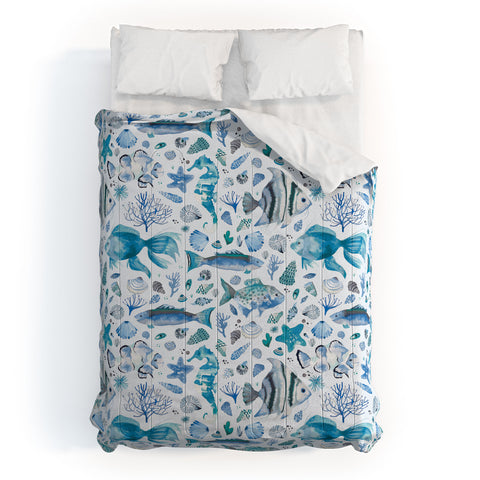Ninola Design Fishes Shells Sea Horse Ocean Coastal Marine Blue Comforter
