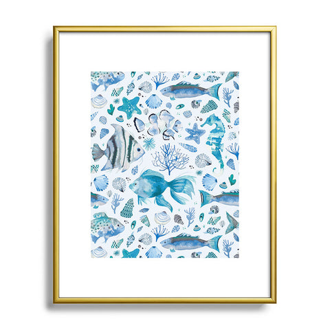 Ninola Design Fishes Shells Sea Horse Ocean Coastal Marine Blue Metal Framed Art Print