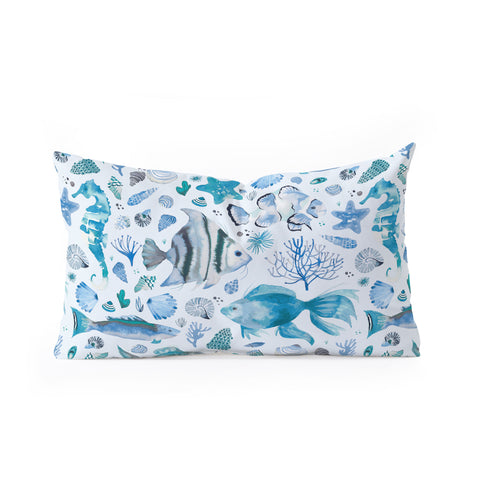 Ninola Design Fishes Shells Sea Horse Ocean Coastal Marine Blue Oblong Throw Pillow