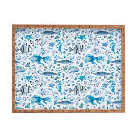 Ninola Design Fishes Shells Sea Horse Ocean Coastal Marine Blue Rectangular Tray