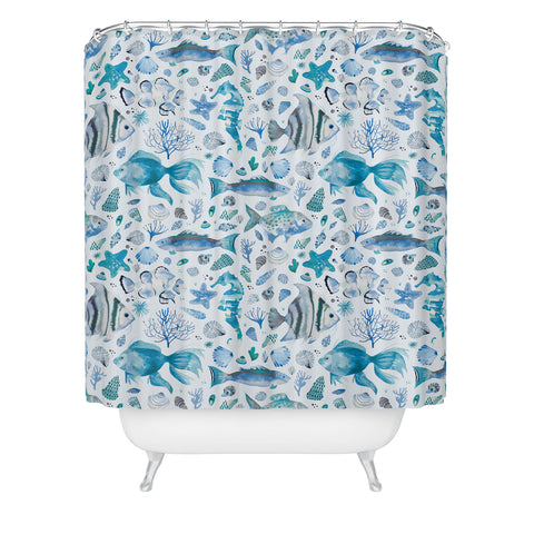 Ninola Design Fishes Shells Sea Horse Ocean Coastal Marine Blue Shower Curtain