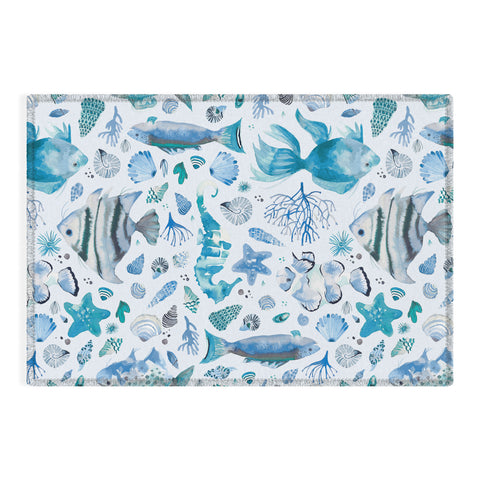 Ninola Design Fishes Shells Sea Horse Ocean Coastal Marine Blue Outdoor Rug
